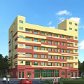 Yellow and Red Multi Story School Building Surrounded by Trees and Cars Nearby