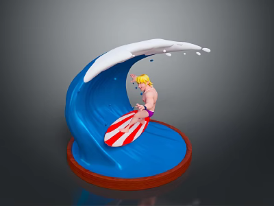 Decorative Surfing Figurine Featuring Blue Wave Blonde Surfer Red White Striped Board And Brown Base 3d model