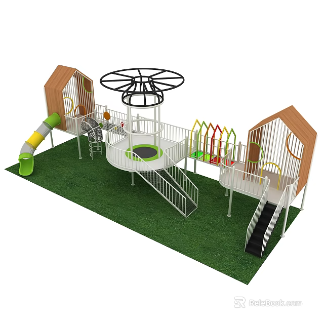 Modern Playground Equipment With Hut Shaped Structures Green Black Slides Climbing Frames On Grass Lawn 3d model 