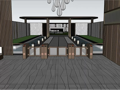 Modern Entrance Gate Design With Automatic Gates Greenery Wooden Panels And Hanging Lights 3d model
