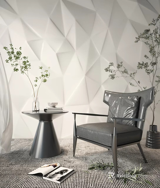 Modern Gray Leather Accent Chair with Metal Frame by Geometric Textured Wall and Green Plants 3d model 