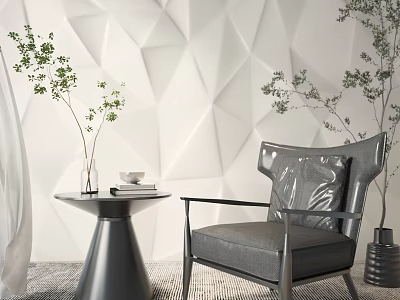 Modern Gray Leather Accent Chair with Metal Frame by Geometric Textured Wall and Green Plants 3d model