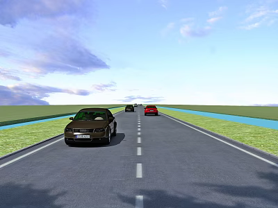Garden Landscape With Wide Road Green Lawn Blue Water And Driving Cars 3d model