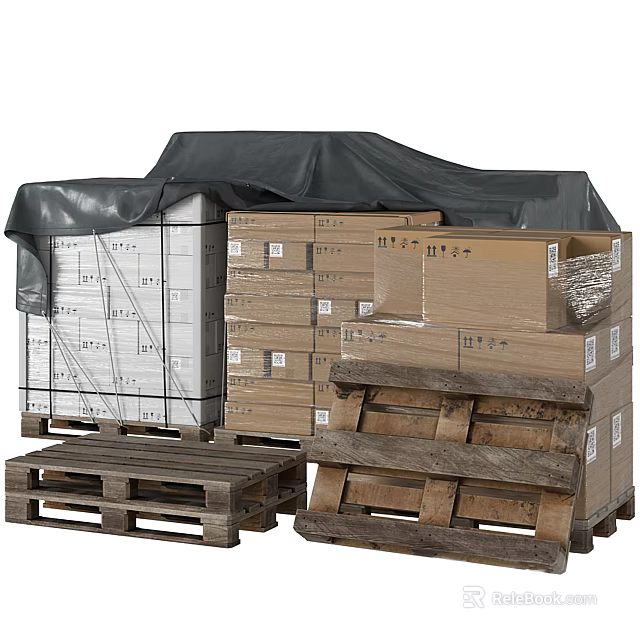 Warehouse Storage With Pallets And Stacked Boxes Covered By Tarpaulin 3d model