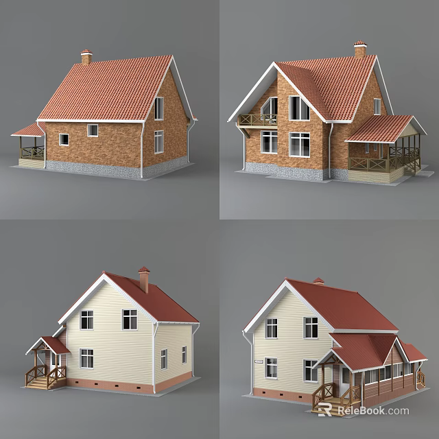 Two Story Detached House With Red Roof White And Brown Exterior Porch 3d model 