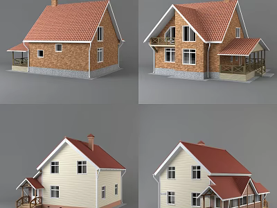 Two Story Detached House With Red Roof White And Brown Exterior Porch 3d model