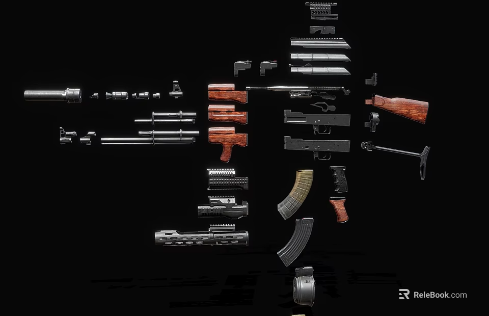 Various Weapons And Gun Parts Including Rifles Pistols Magazines Barrels And Wooden Stocks 3d model 