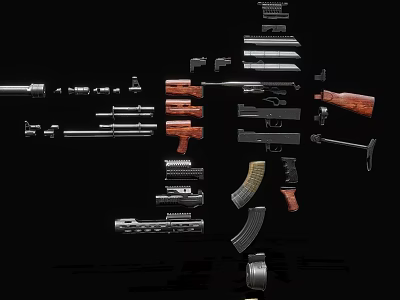 Various Weapons And Gun Parts Including Rifles Pistols Magazines Barrels And Wooden Stocks 3d model