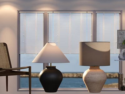 Accent Chair Interior With Venetian Blinds Two Table Lamps And Sea View 3d model