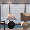Accent Chair Interior With Venetian Blinds Two Table Lamps And Sea View