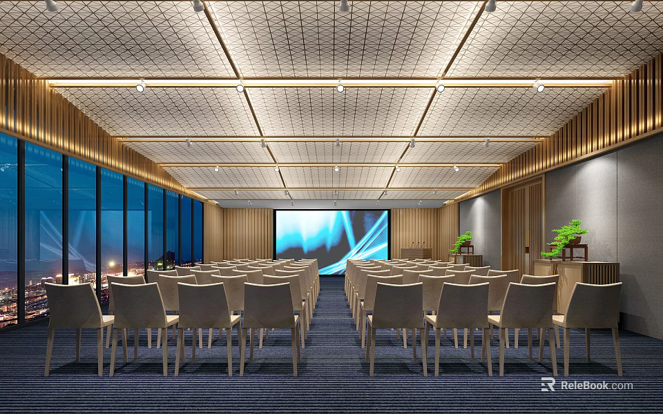 Spacious Modern Conference Room Interior With Arranged Chairs Large Screen And Lighting Design 3d model 