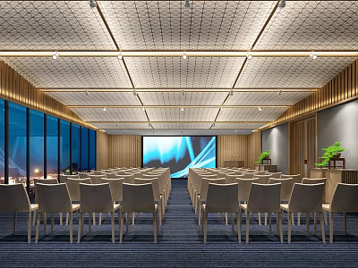 Spacious Modern Conference Room Interior With Arranged Chairs Large Screen And Lighting Design 3d model