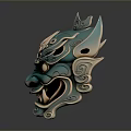 Traditional Teal Mask Sculpture With Intricate Carvings And Metallic Accents