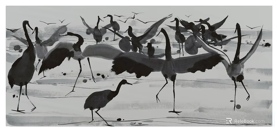 Black and White Animal Painting With Flying And Standing Water Birds In Ink Style 3d model 