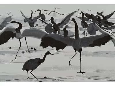 Black and White Animal Painting With Flying And Standing Water Birds In Ink Style 3d model