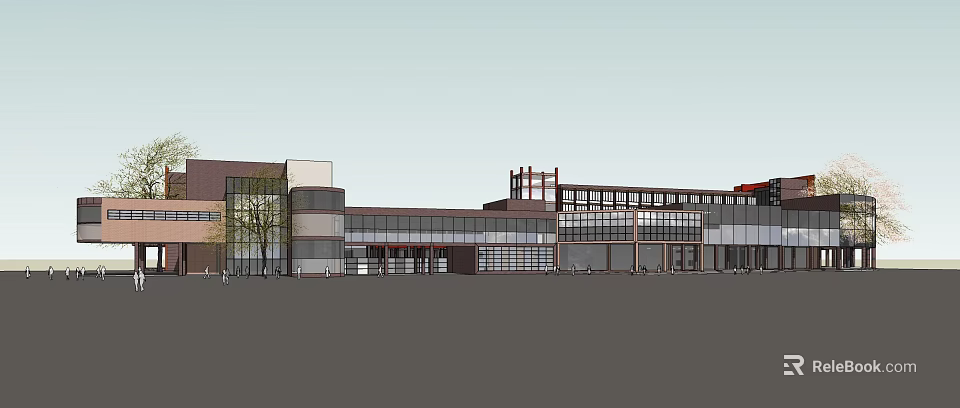 Modern Multi story Building Facade With Large Glass Windows Red Accents And Front Tree 3d model 