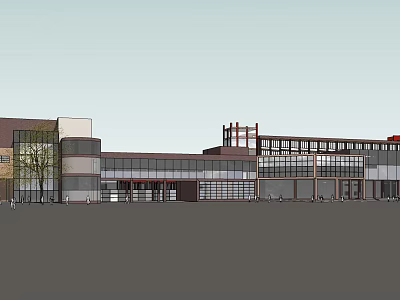 Modern Multi story Building Facade With Large Glass Windows Red Accents And Front Tree 3d model