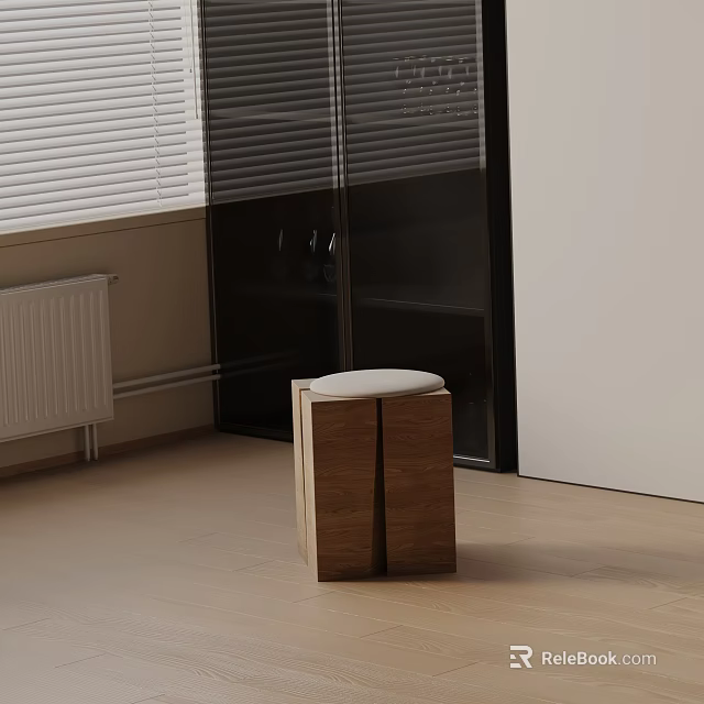 Wooden Bedside Table With White Circular Padded Top By Black Glass Cabinet And Window Blinds 3d model 