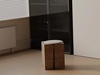 Wooden Bedside Table With White Circular Padded Top By Black Glass Cabinet And Window Blinds 3d model