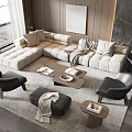 Modern Cozy Sofa And Coffee Table Set With Pillows Blanket And Armchairs On Rug