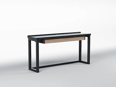 Modern Minimalist Desk With Black Frame Glass Top And Wooden Drawer 3d model