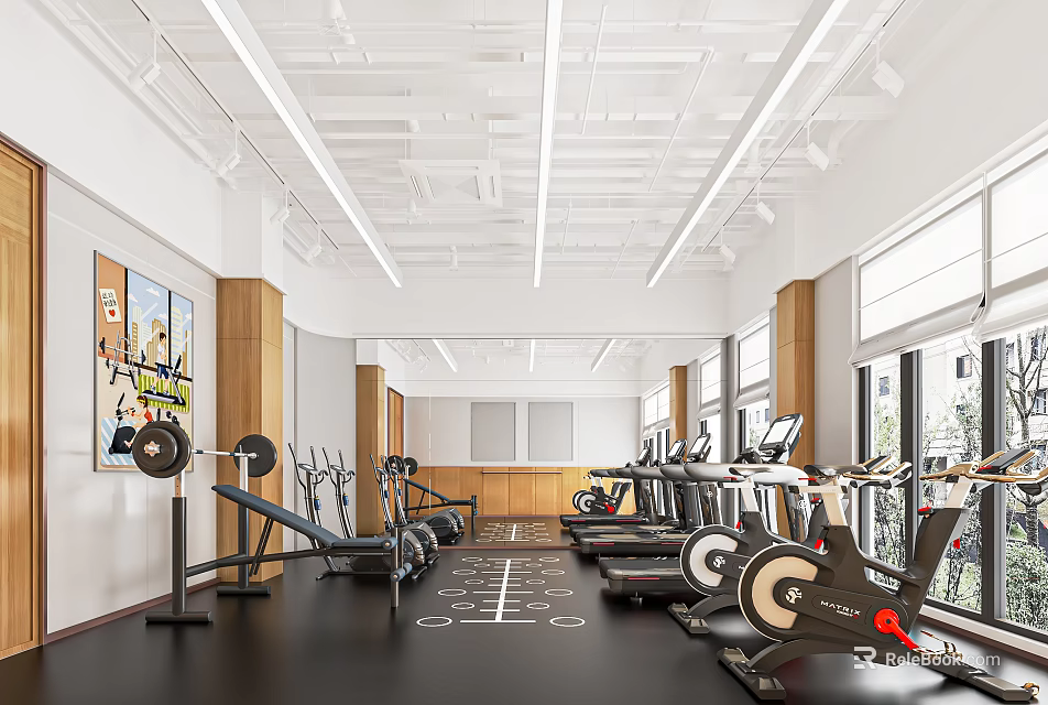 Fitness Gym Interior With Spacious Layout Treadmills Exercise Bikes Barbells And Large Windows 3d model 