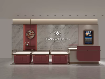 Elegant Jewelry Store Interior With Marble Background Red Display Counters And Ceiling Lights 3d model