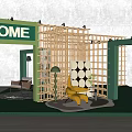 i HOME Exhibition Booth Design With Green Structure Wooden Lattice Yellow Chair And Grass Floor