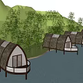 Thatched Roof Huts Over Water With Mountain Backdrop And Bamboo Forest