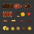 Assorted Food Collection With Hamburgers Steaks Sliced Meat Bread Rolls And Cookies