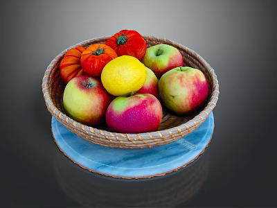 Fresh Assorted Fruits in Woven Basket with Colorful Apples and Lemon on Blue Cloth 3d model