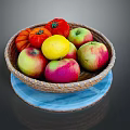 Fresh Assorted Fruits in Woven Basket with Colorful Apples and Lemon on Blue Cloth