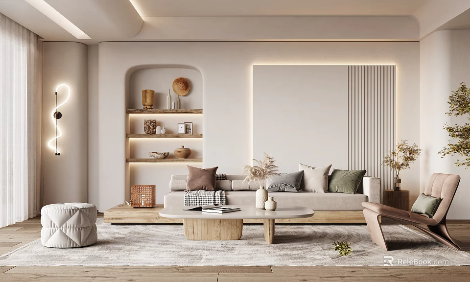 Modern Living Room Interior Design With Beige Sofa Wooden Coffee Table And Decorative Pillows 3d model 