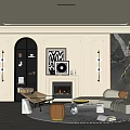 Elegant Living Room Interior With Arched Doorways Built In Shelves Fireplace And Modern Art Decor