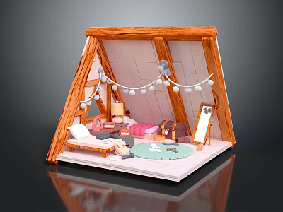 Cozy Tent Shaped Indoor Space Interior With Wooden Frame Bed Rug Table And Decorative Lights 3d model