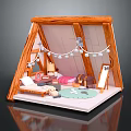 Cozy Tent Shaped Indoor Space Interior With Wooden Frame Bed Rug Table And Decorative Lights