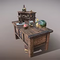 Wooden Workbench With Shelf Skull Bottles Books Drawers And Green Flask