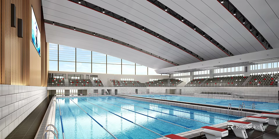 Indoor Modern Swimming Pool With Multiple Lanes Spectator Seats And Large Windows 3d model 