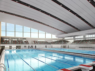 Indoor Modern Swimming Pool With Multiple Lanes Spectator Seats And Large Windows 3d model