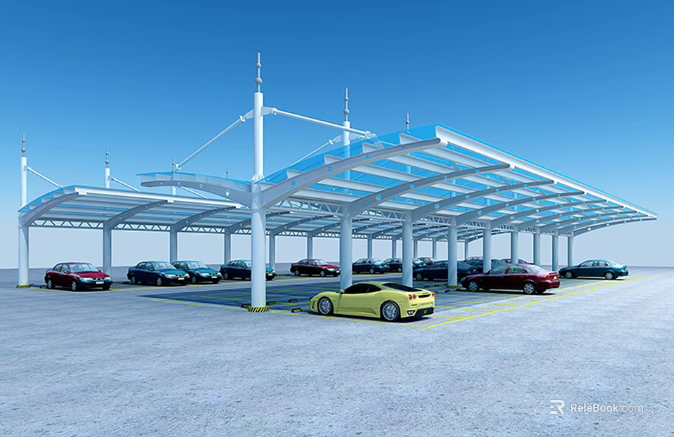 Modern Parking Lot With Transparent Roof White Pillars And Multiple Cars 3d model 