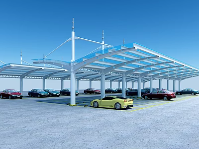 Modern Parking Lot With Transparent Roof White Pillars And Multiple Cars 3d model