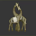 Two White and Gray Giraffe Sculptures With Intertwined Necks and Decorative Blanket