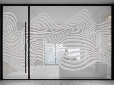 Modern Glass Sliding Door With White Wavy Stripes In Minimalist Interior With Sofa And Window 3d model