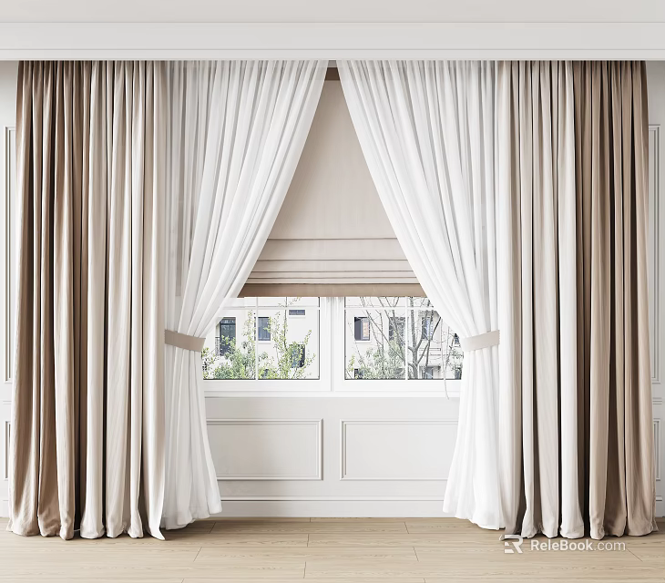 Elegant Double Layer Curtains Beige and White with Sheer Panels for Modern Window 3d model 