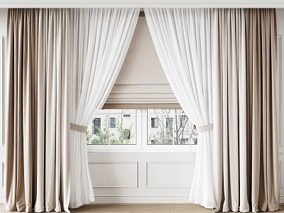 Elegant Double Layer Curtains Beige and White with Sheer Panels for Modern Window 3d model
