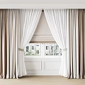 Elegant Double Layer Curtains Beige and White with Sheer Panels for Modern Window 3d model