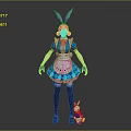 Game Character With Rabbit Ears Pink Hair Blue Apron Outfit And Small Rabbit Doll