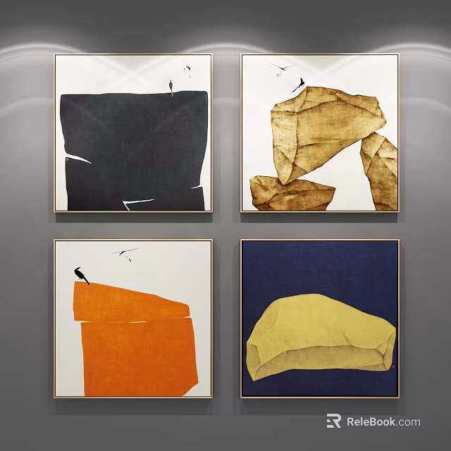 Modern Abstract Paintings With Vibrant Colors Geometric Forms And Bird Silhouettes 3d model 