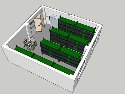 Organized Indoor Room Layout With Neatly Arranged Green Benches And Entrance Design 3d model