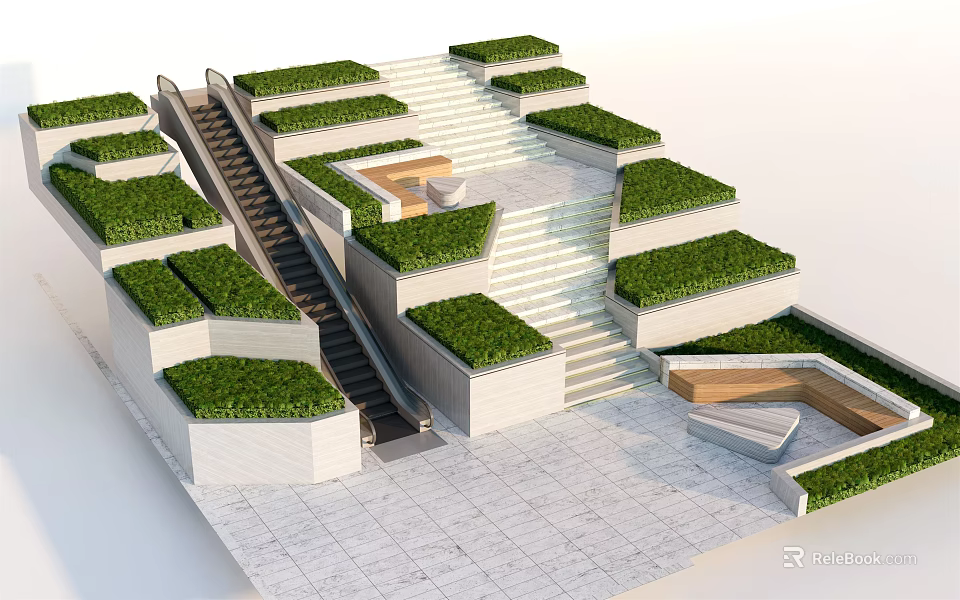Architectural White Stairs Design With Lush Green Plants And Terrace Platforms 3d model 